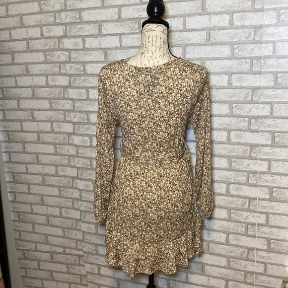 Tan Floral Print Ruffled Hem Self-Tie Wrap Dress - Picture 3 of 4